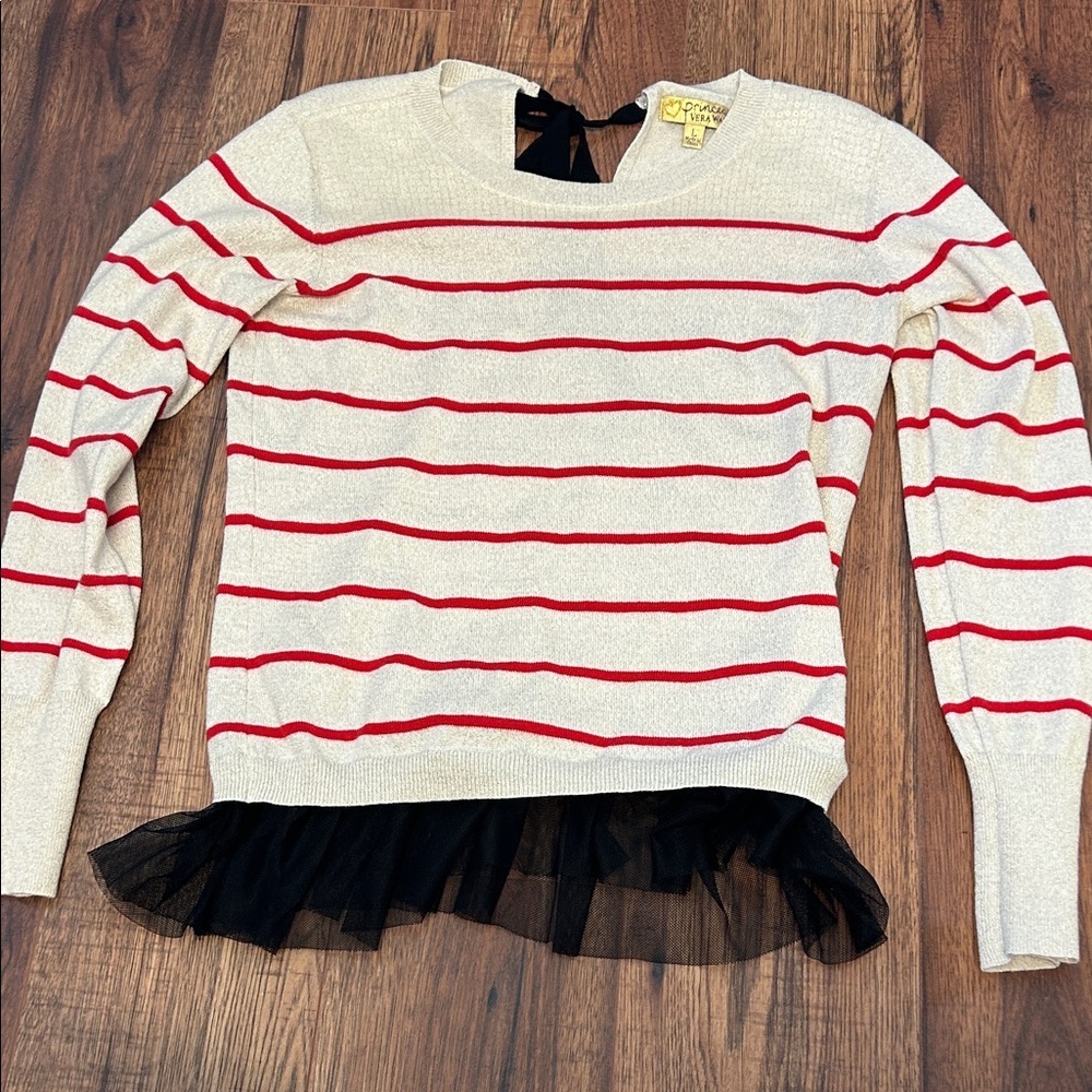 Vera Wang Red and Cream Striped Sweater with Black Tulle Hem